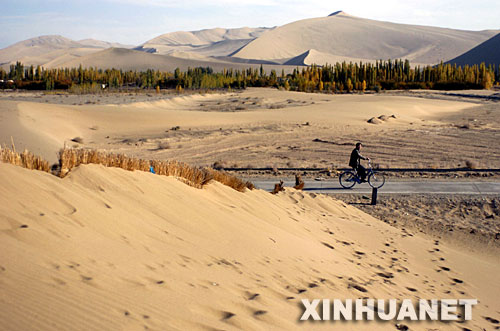 一位村民骑自行车经过敦煌市杨家桥乡一个风沙口 一位村民骑自行车经过敦煌市杨家桥乡一个风沙口
