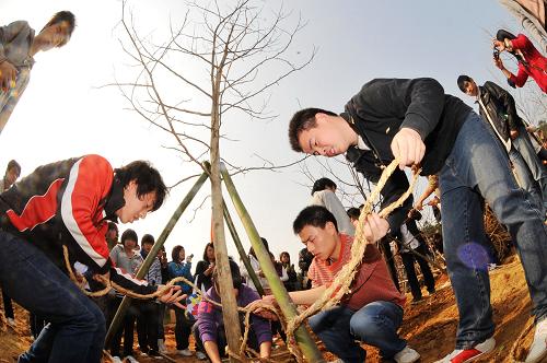 长沙:植树节植树忙 3月12日,众多大学生来到长沙园林生态园开展义务植树活动。 当日是我国第32个植树节,湖南长沙300余名市民代表来到长沙园林生态园参加以“自然·生态——城市绿线编织幸福家园”为主题的义务植树活动。 新华社记者 龙弘涛 摄