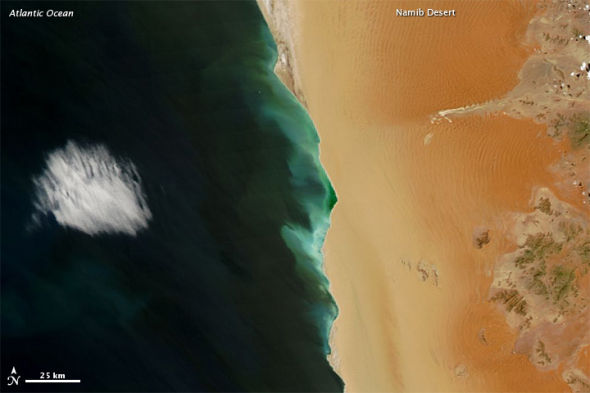 2012��2��29�գ��������̩������(Terra)�ϵ��зֱ��ʳ��������(MODIS)������������Ȼɫ��Ƭ������ɫ�ĺ�ˮ�������ײ�ɳĮ(Namib Desert)������ǰ������Լ150����